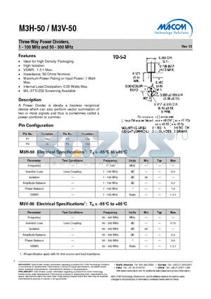 M3V-50 datasheet - Three-Way Power Dividers, 1 - 100 MHz and 50 - 300 MHz