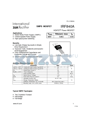 IRF840A datasheet - Power MOSFET(Vdss=500V, Rds(on)max=0.85ohm, Id=8.0A)