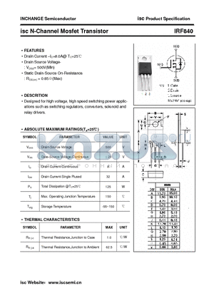IRF840 datasheet - isc N-Channel Mosfet Transistor