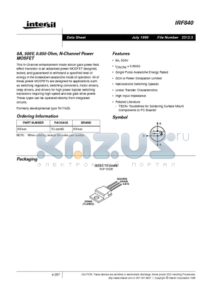 IRF840 datasheet - 8A, 500V, 0.850 Ohm, N-Channel Power MOSFET