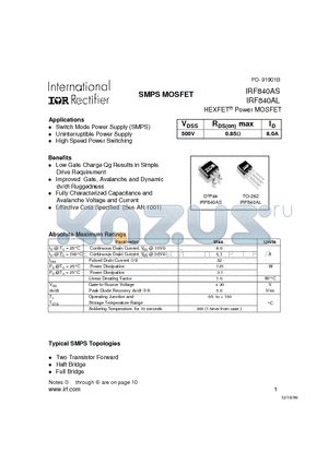 IRF840AL datasheet - Power MOSFET(Vdss=500V, Rds(on)max=0.85ohm, Id=8.0A)