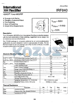 IRF840 datasheet - Power MOSFET(Vdss=500V, Rds(on)=0.85ohm, Id=8.0A)