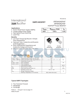 IRF840AS datasheet - SMPS MOSFET HEXFET^ Power MOSFET