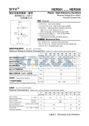 HER502 datasheet - Plastic High-Efficiency Rectifiers Reverse Voltage 50 to 1000V Forward Current 5.0A