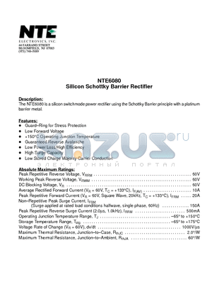 NTE6080 datasheet - Silicon Schottky Barrier Rectifier