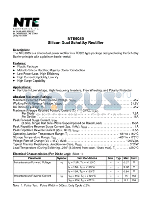 NTE6085 datasheet - Silicon Dual Schottky Rectifier