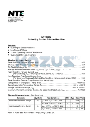 NTE6087 datasheet - Schottky Barrier Silicon Rectifier