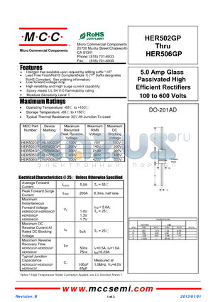 HER502GP_13 datasheet - 5.0 Amp Glass Passivated High Efficient Rectifiers 100 to 600 Volts