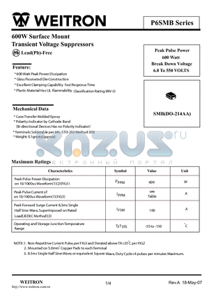 P6SMB120A datasheet - 600W Surface Mount Transient Voltage Suppressors