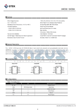 K24C32-DCTG-A datasheet - available in space-saving 8-lead PDIP, 8-lead SOP, and 8-lead TSSOP packages