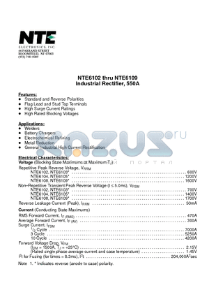 NTE6102 datasheet - Industrial Rectifier, 550A