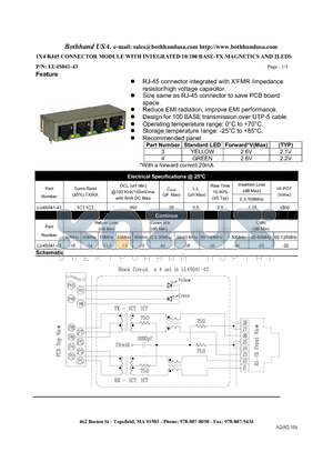 LU4S041-43 datasheet - 1X4 RJ45 CONNECTOR MODULE WITH INTEGRATED 10/100 BASE-TX MAGNETICS AND 2LEDS