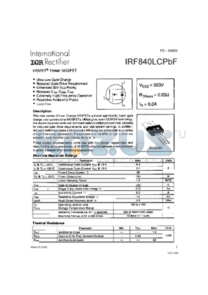 IRF840LCPBF datasheet - HEXFET Power MOSFET