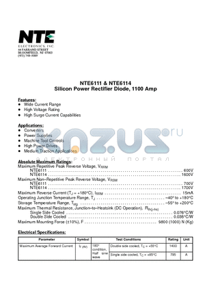 NTE6111 datasheet - Silicon Power Rectifier Diode, 1100 Amp