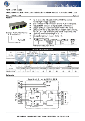 LU4S041-XXLF datasheet - 1X4 RJ45 CONNECTOR MODULE WITH INTEGRATED 10/100 BASE-TX MAGNETICS AND LEDS