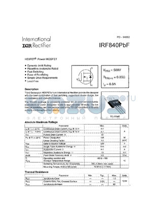 IRF840PBF datasheet - HEXFET POWER MOSFET