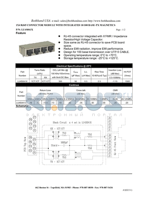 LU4S041X datasheet - 1X4 RJ45 CONNECTOR MODULE WITH INTEGRATED 10/100 BASE-TX MAGNETICS