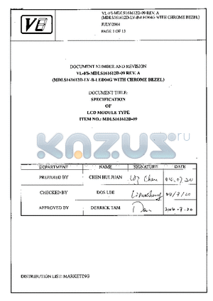 MDLS161612D-09 datasheet - SPECIFICATION OF LCD MODULE TYPE