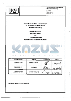 MDLS161615D-01 datasheet - SPECIFICATION OF LCD MODULE TYPE