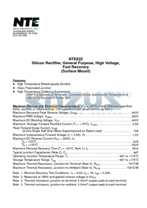 NTE622 datasheet - Silicon Rectifier, General Purpose, High Voltage, Fast Recovery (Surface Mount)