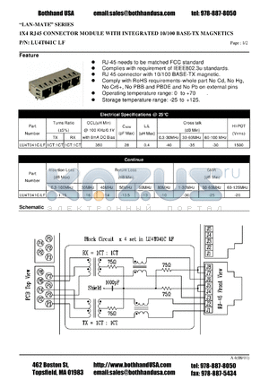 LU4T041CLF datasheet - 1X4 RJ45 CONNECTOR MODULE WITH INTEGRATED 10/100 BASE-TX MAGNETICS