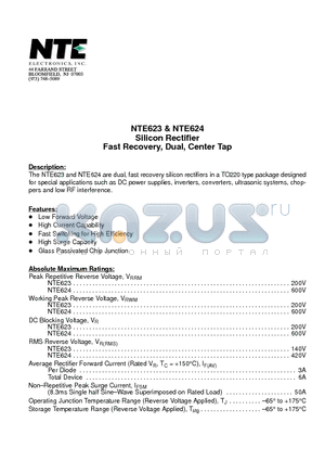 NTE623 datasheet - Silicon Rectifier Fast Recovery, Dual, Center Tap