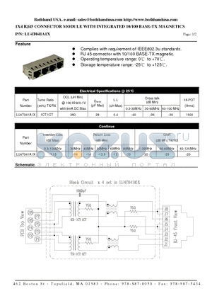 LU4T041A1X datasheet - 1X4 RJ45 CONNECTOR MODULE WITH INTEGRATED 10/100 BASE-TX MAGNETICS