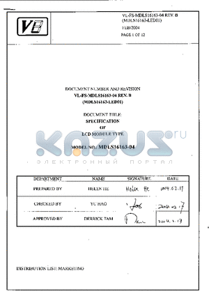 MDLS16163-LED01 datasheet - SPECIFICATION OF LCD MODULE TYPE