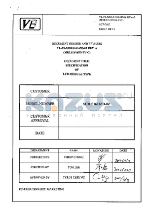 MDLS16165D-LV-G datasheet - SPECIFICATION OF LCD MODULE TYPE