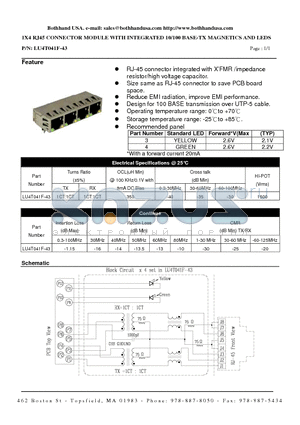 LU4T041F-43 datasheet - 1X4 RJ45 CONNECTOR MODULE WITH INTEGRATED 10/100 BASE-TX MAGNETICS AND LEDS