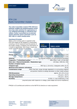 PTM230 datasheet - Radio transmitter module