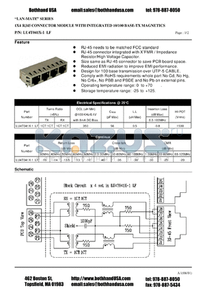 LU4T041X-1LF datasheet - 1X4 RJ45 CONNECTOR MODULE WITH INTEGRATED 10/100 BASE-TX MAGNETICS