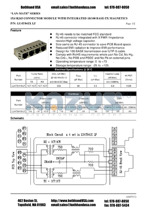 LU4T041XLF datasheet - 1X4 RJ45 CONNECTOR MODULE WITH INTEGRATED 10/100 BASE-TX MAGNETICS