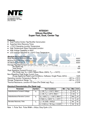 NTE6241 datasheet - Silicon Rectifier Super Fast, Dual, Center Tap