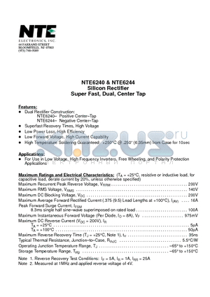 NTE6244 datasheet - Silicon Rectifier Super Fast, Dual, Center Tap