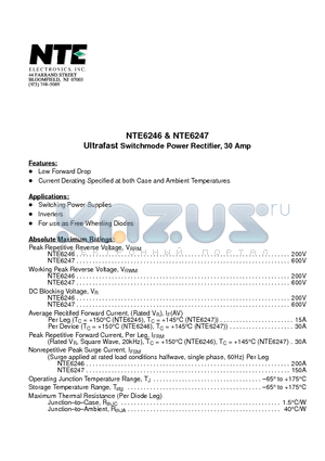 NTE6247 datasheet - Ultrafast Switchmode Power Rectifier, 30 Amp