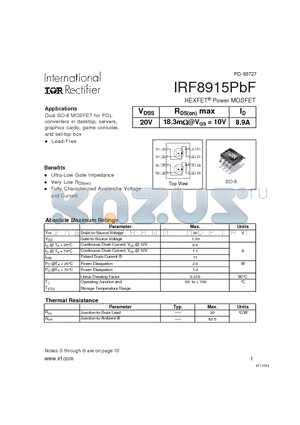 IRF8915PBF datasheet - HEXFET Power MOSFET