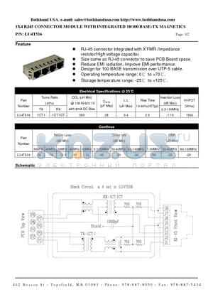 LU4T516 datasheet - 1X4 RJ45 CONNECTOR MODULE WITH INTEGRATED 10/100 BASE-TX MAGNETICS