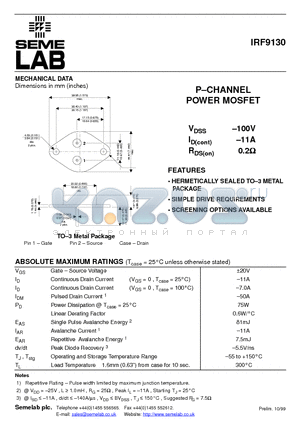 IRF9130 datasheet - P-CHANNEL POWER MOSFET