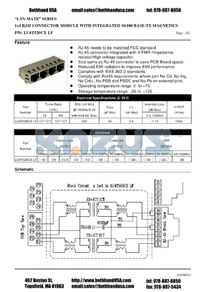 LU4T520CXLF datasheet - 1x4 RJ45 CONNECTOR MODULE WITH INTEGRATED 10/100 BASE-TX MAGNETICS