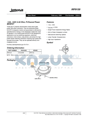 IRF9130 datasheet - -12A, -100V, 0.30 Ohm, P-Channel Power MOSFET