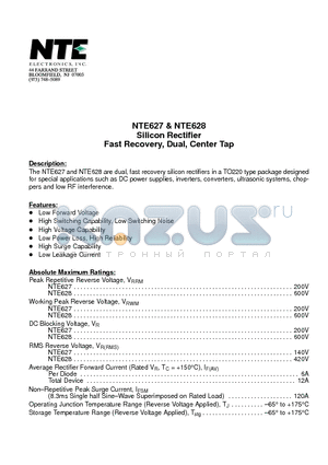 NTE628 datasheet - Silicon Rectifier Fast Recovery, Dual, Center Tap