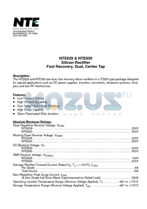 NTE629 datasheet - Silicon Rectifier Fast Recovery, Dual, Center Tap