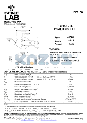 IRF9130 datasheet - PCHANNEL POWER MOSFET