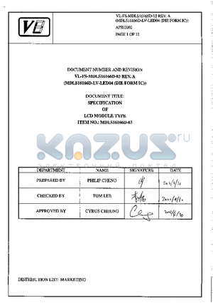 MDLS16166D-LV-LED04 datasheet - SPECIFICATION OF LCD MODULE TYPE