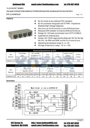 LU4Y041XLF datasheet - 1X4 RJ45 CONNECTOR MODULE WITH INTEGRATED 10/100 BASE-TX MAGNETICS