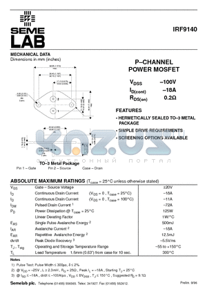 IRF9140 datasheet - P-CHANNEL POWER MOSFET