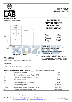 IRF9130SMD05 datasheet - P-CHANNEL POWER MOSFET FOR HI-REL APPLICATIONS