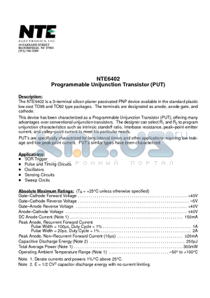 NTE6402 datasheet - Programmable Unijunction Transistor (PUT)