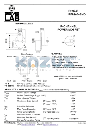 IRF9240 datasheet - P-CHANNEL POWER MOSFET